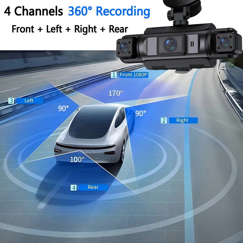 Câmera Veicular 4 Canais Caixa Preta WiFi FHD 1080P Frente Esquerda Direita Traseira Visão Noturna Gravação em Loop Adiciona Kit de Fiação